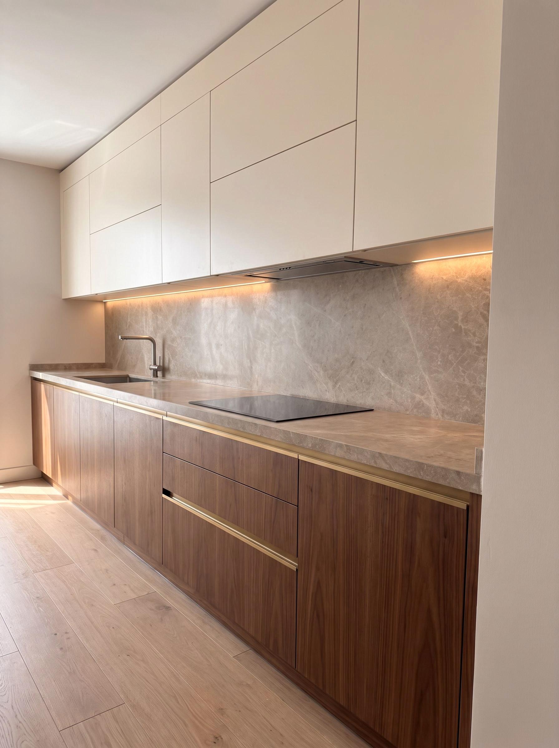 Handleless kitchen — matt lacquer fronts, stone worktop